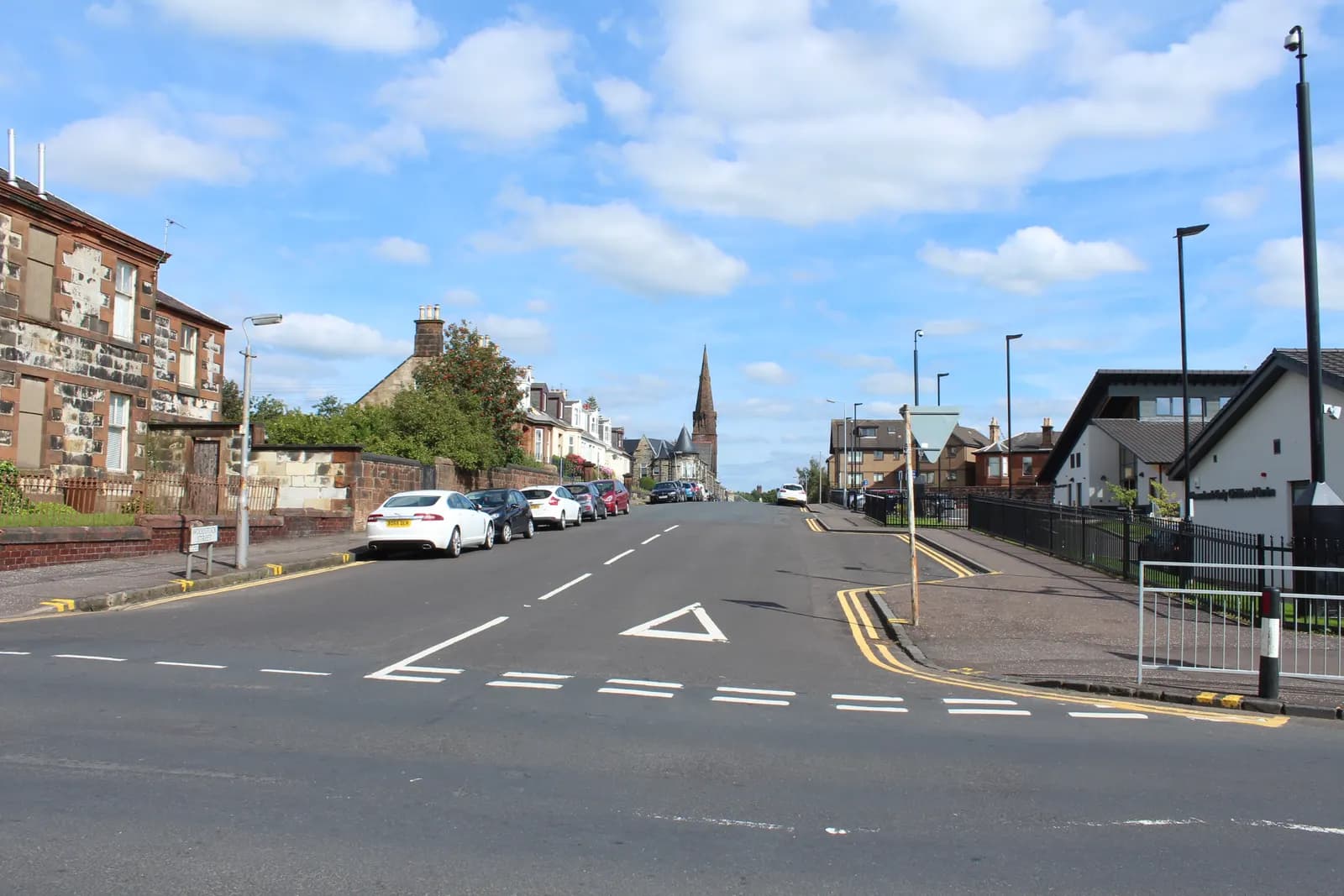 Woodstock Street in Kilmarnock, looking towards a church spire